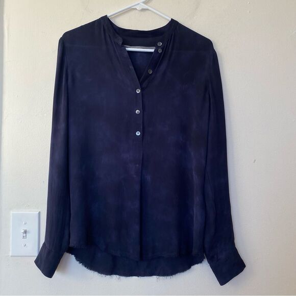 RAQUEL ALLEGRA Silk Subtle Tie-Dye Button Shirt Blouse Navy Blue Sz 0 Small - Picture 1 of 11